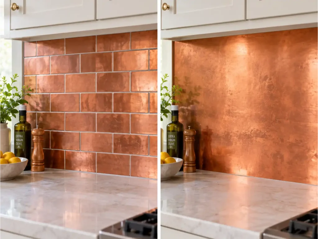 Remodeled kitchen with a copper backsplash and new cabinets