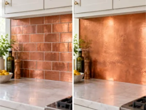 Kitchen with a copper backsplash