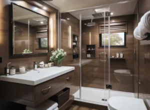 Dream bathroom design with wood vanity and glass walk-in shower