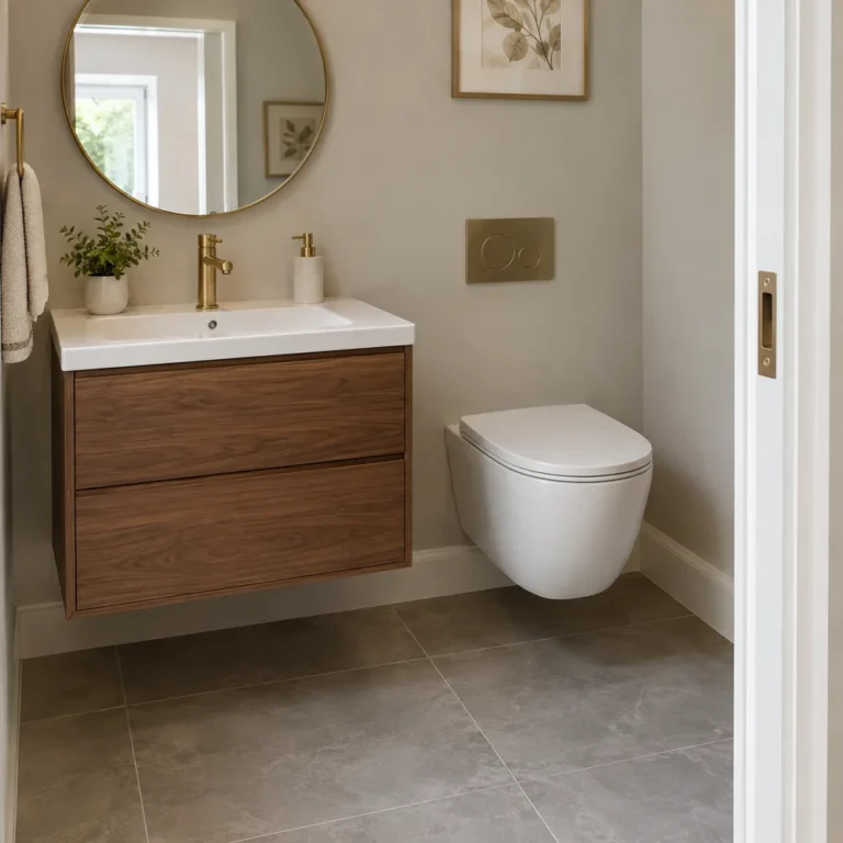 Floating vanity and wall-hung toilet in a small bathroom