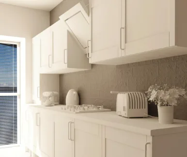 Light kitchen cabinets and pale backsplash balancing natural wood tones