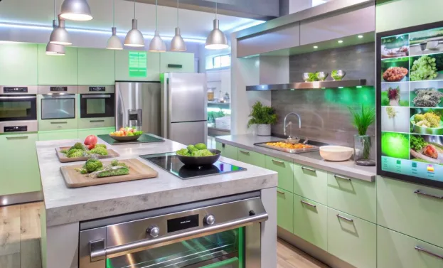 Sage green kitchen cabinets with a large island