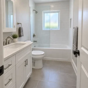 Ideas for small bathroom remodeling in a 5x8 bathroom with tub, toilet and vanity in a row