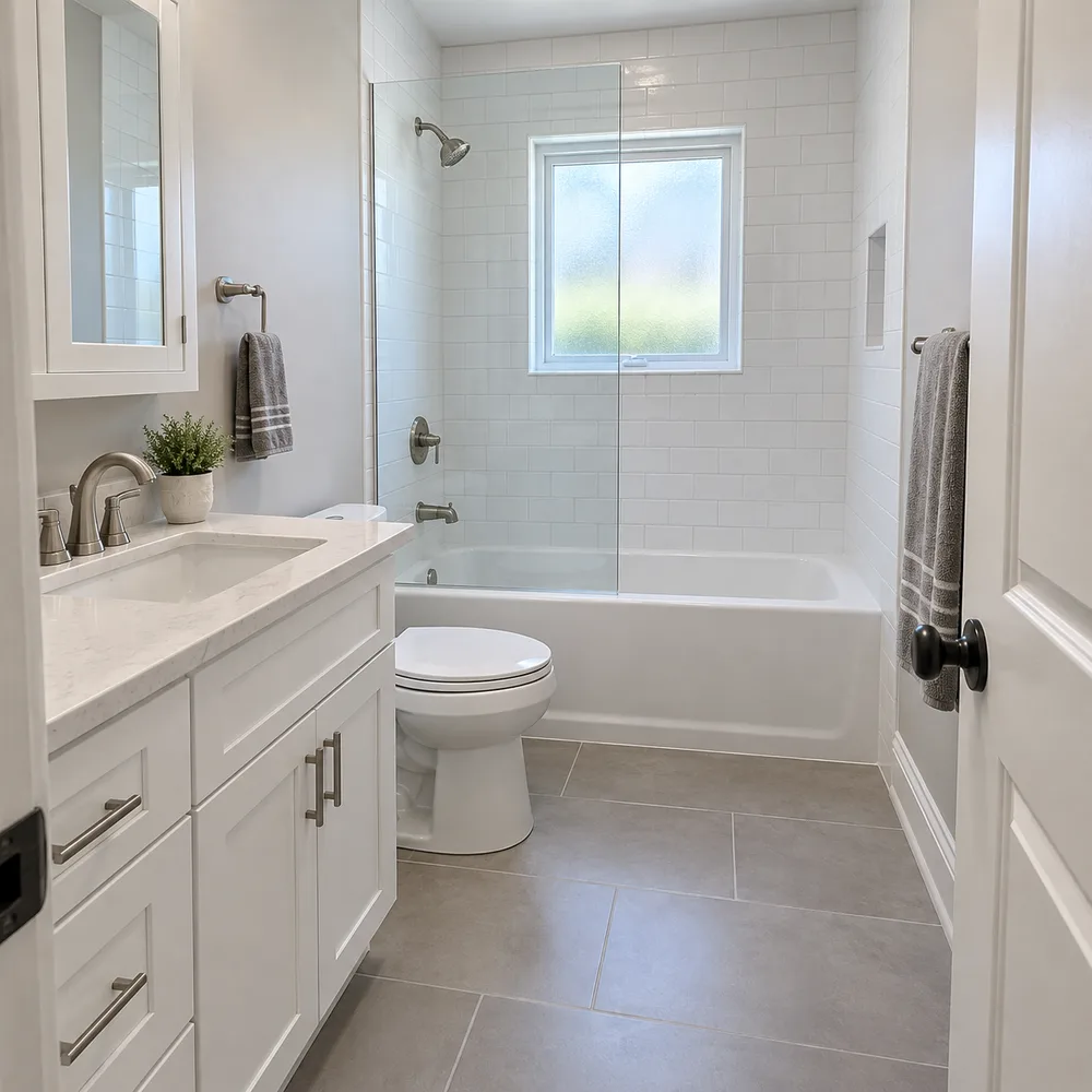 Ideas for small bathroom remodeling in a 5x8 bathroom with tub, toilet and vanity in a row