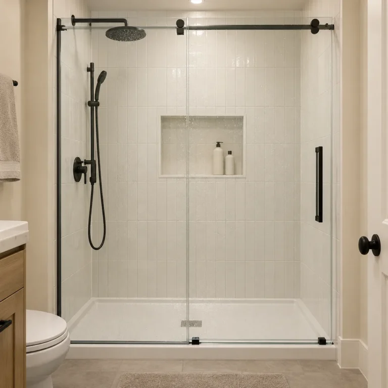 60-inch walk-in shower with a sliding glass door in a small bathroom