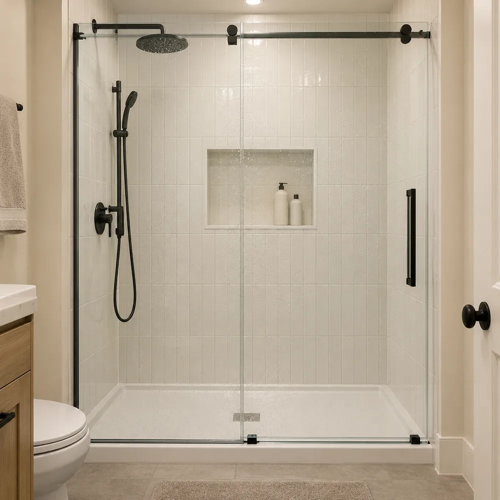 60-inch walk-in shower with sliding glass door in a small bathroom