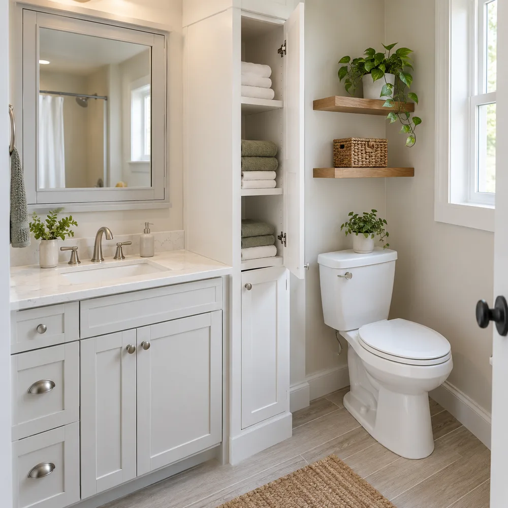 Small bathroom storage with linen tower and shelves over the toilet