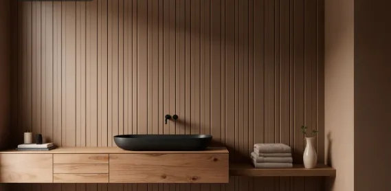 Floating wood vanity with fluted wall panels